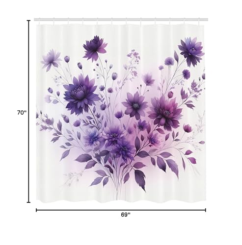Ambesonne Purple Shower Curtain, Avant-Garde Blossoming Wild Flowers Bouquet In Monochromatic Tones Print, Cloth Fabric Bathroom